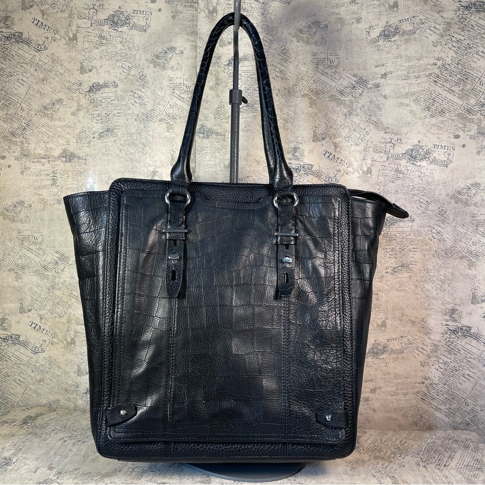 Etienne Aigner Stag Collection Black Leather Croc Embossed Tote Laptop Work Bag
